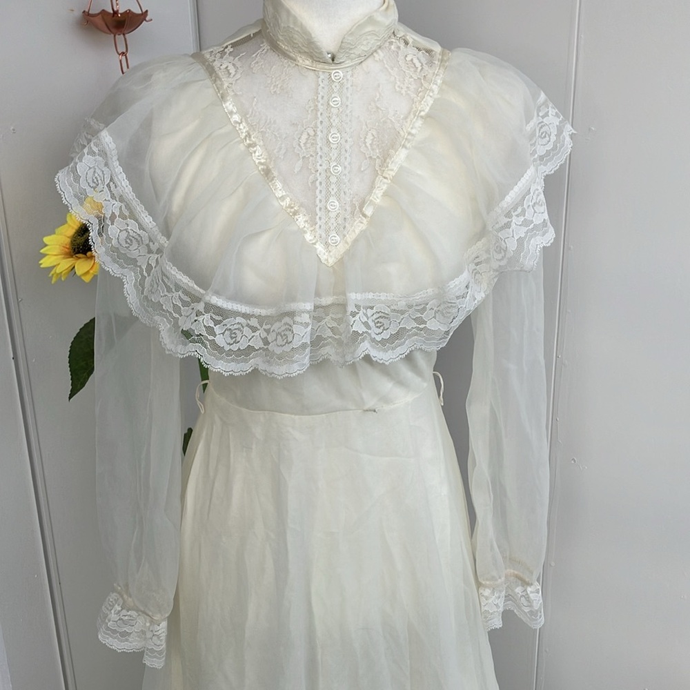 Vintage 70s Floor-Length Maxi Cream High Neck Ruffle Cream Prairie Wedding Dress - Picture 2 of 14